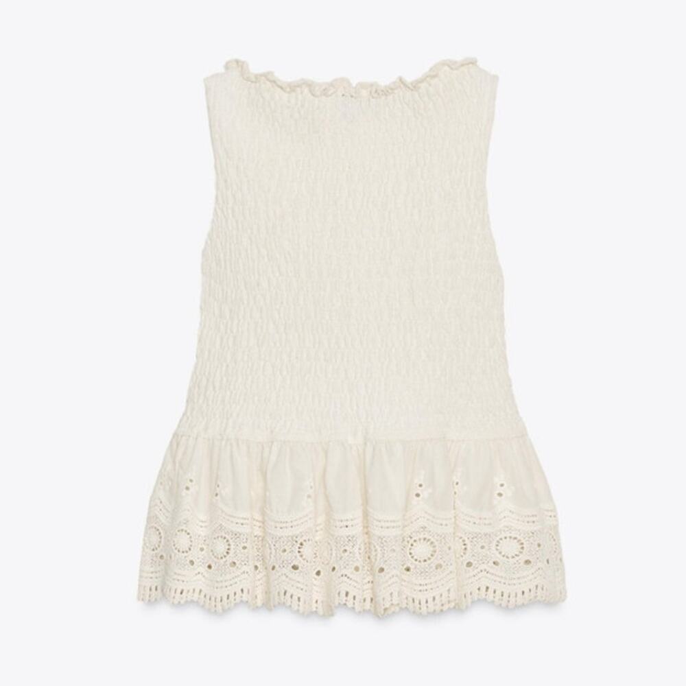 Zara Cream Combination Smocked Top Size Small